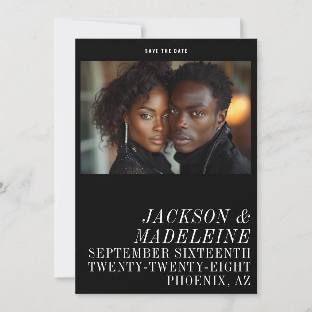 Save The Date Typographie Minimaliste Mariage Photo Noir Uni (Devant)