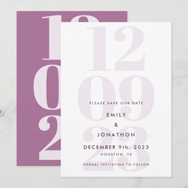 Save The Date Typographie moderne de date Mauve (Devant / Derrière)