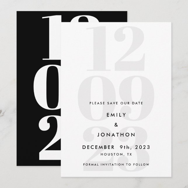 Save The Date Typographie moderne de la date Black Grey (Devant / Derrière)