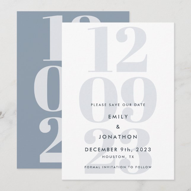 Save The Date Typographie moderne Dusty Blue Date (Devant / Derrière)