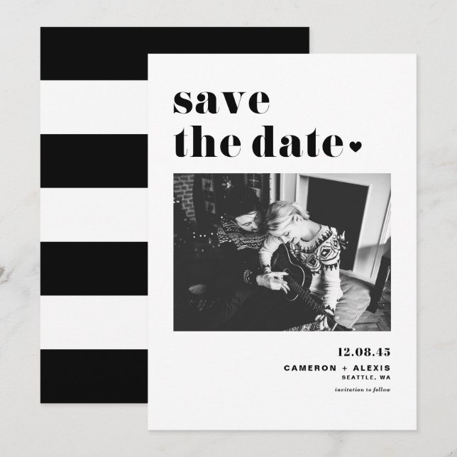 Save The Date Typographie moderne en noir gras avec photo de coe (Devant / Derrière)