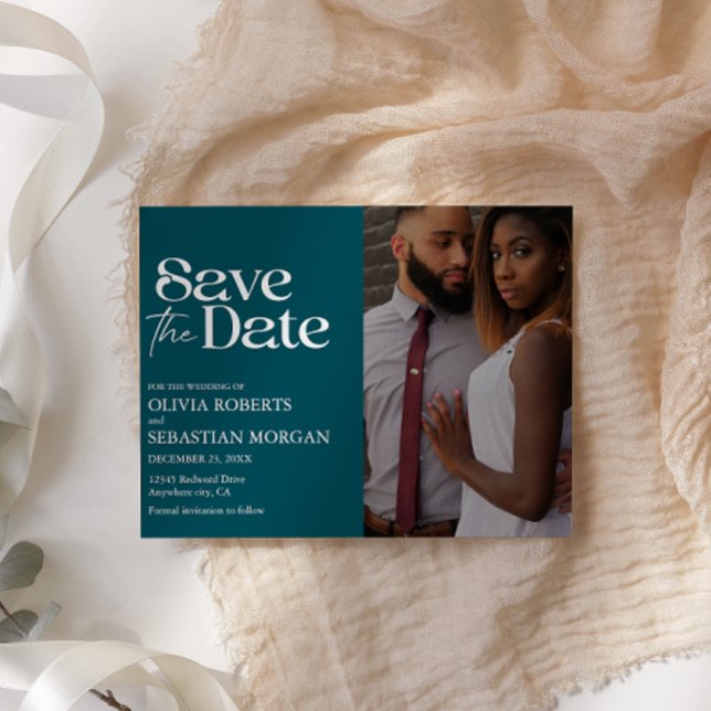 Save The Date Typographie moderne Mariage photo profond Turquois (Créateur téléchargé)