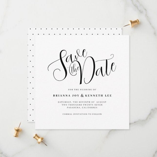 Save The Date Typographie moderne simple point blanc et noir (Devant/Arrière en situation)