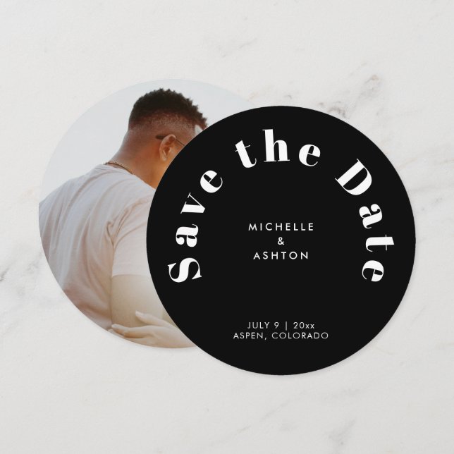 Save The Date Typographie Moderne Tour Cercle Noir Enregistrer L (Devant / Derrière)