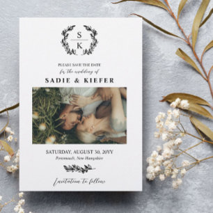 Save The Date Typographie noire Laurel Wreath Monogramme Photo