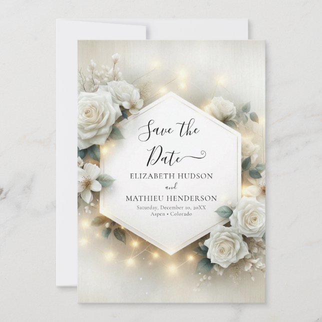 Save The Date Typographie romantique Roses blanches Mariage (Devant)