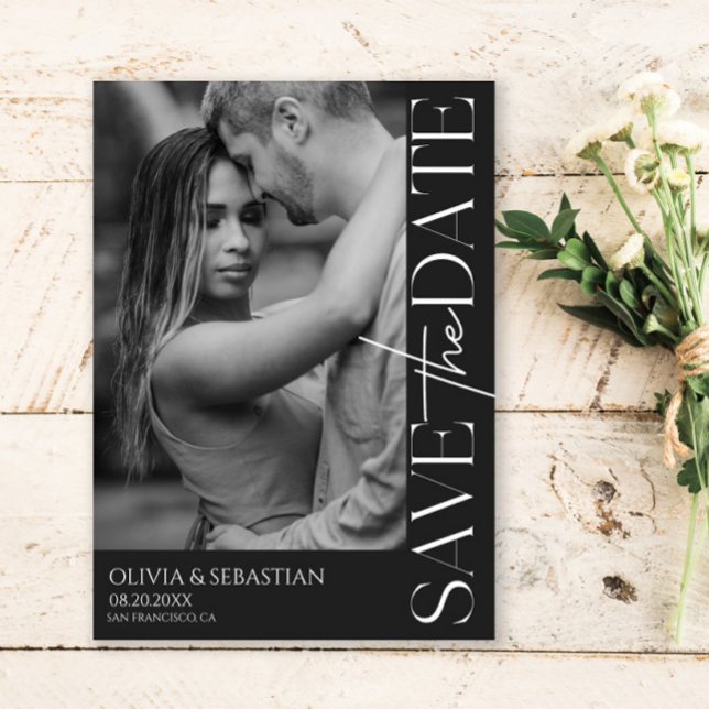Save The Date Typographie tendance Texte Photo Mariage noir (Créateur téléchargé)