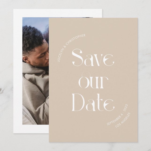 Save The Date Typographie Unique Et Design Crème Beige Photo (Devant / Derrière)