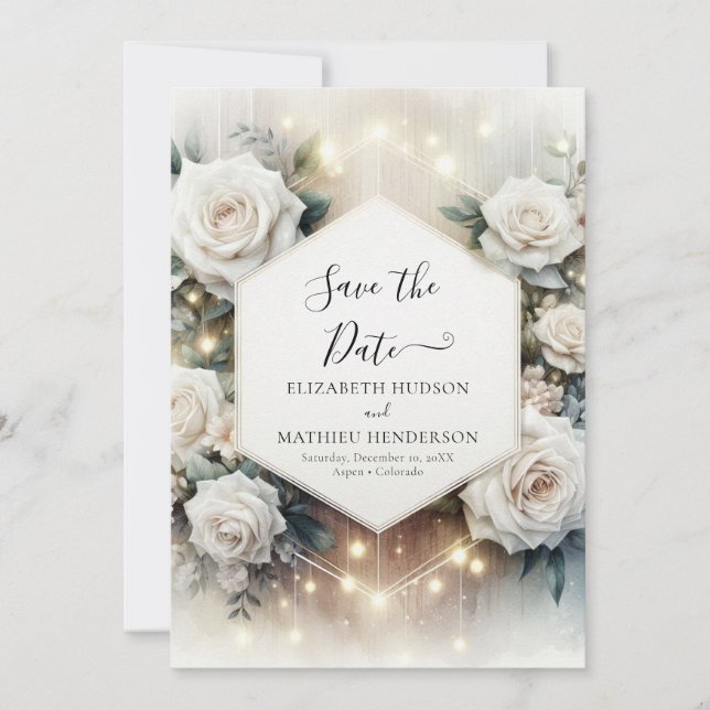 Save The Date Typographie Whimsèque Roses Blanches Mariage (Devant)