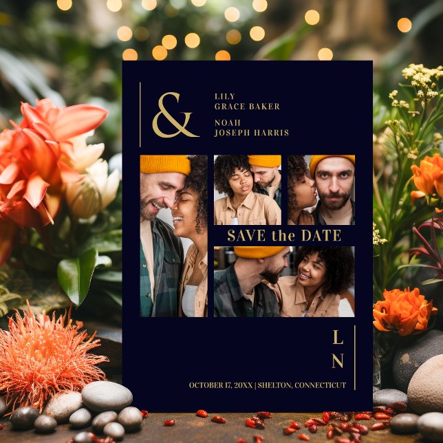 Save The Date Ultra Moderne tendance Marine & Gold 4 Multi Photo (Ultra Modern Trendy Navy & Gold 4 Multi Photos Save The Date Card.)