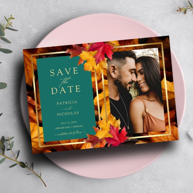 Save The Date Un Imaginaire Turquoise et automnal Gold Rustic Re (Créateur téléchargé)