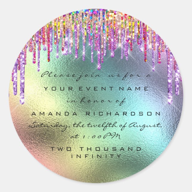 Save The Date Unicorn Rainbow Drips Holographic Classic Round Sticker (Front)