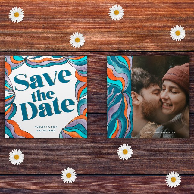 Save The Date Unique Bold Boho Super Retro Blue Wavy Photo (Front and Back)