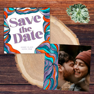 Save The Date Unique Bold Boho Super Retro Purple Wavy Photo