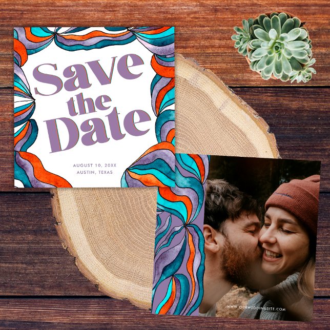 Save The Date Unique Bold Boho Super Retro Purple Wavy Photo (Front and Back)