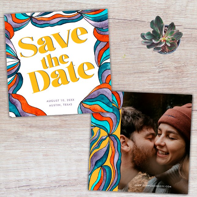Save The Date Unique Bold Boho Super Retro Yellow Wavy Photo (Front and Back)