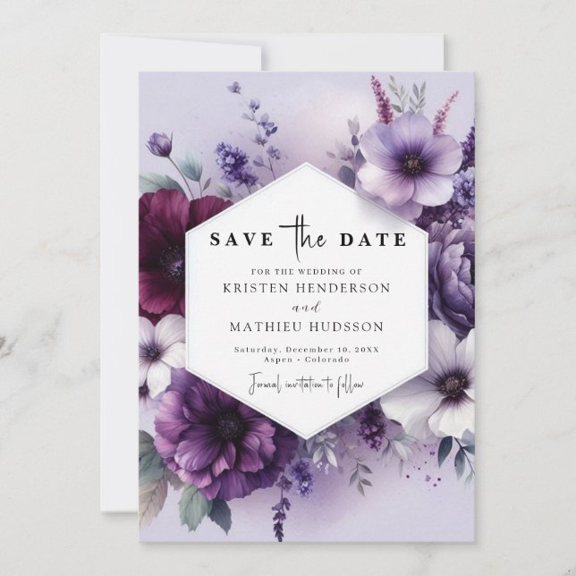 Save The Date Unique Élégant Mariage Floral Violet (Devant)