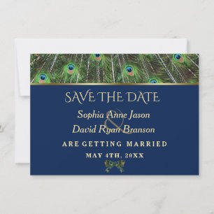 Save The Date Unique Marine Blue Gold Peacock Feaths Mariage