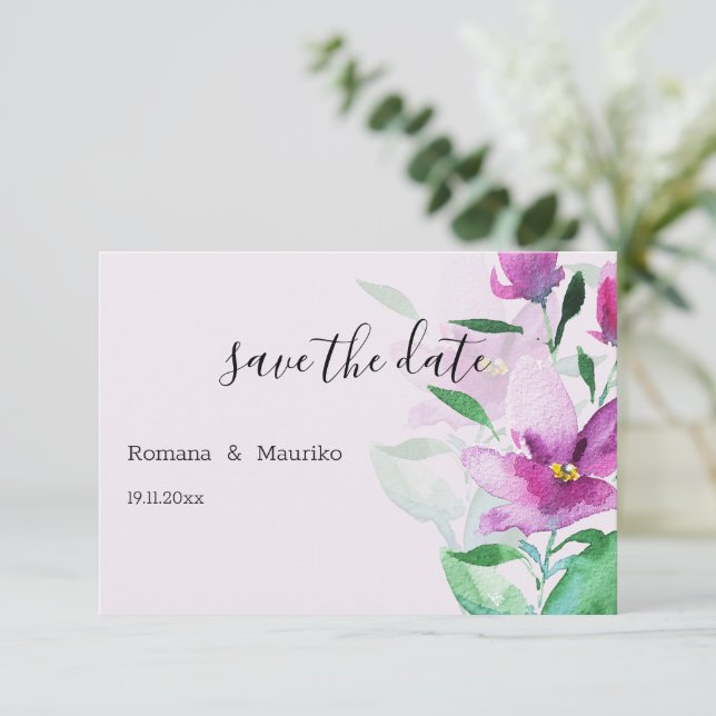 Save The Date Uniquité Des Fleurs D'Aquarelle Violet (Debout devant)