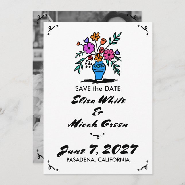 Save The Date Vase florale rustique Whimsical mignon Sketch B&W  (Devant / Derrière)
