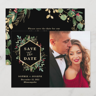 Save The Date Végétation dorée de Noël en noir Photo