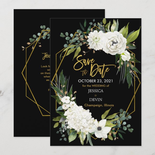 Save The Date Velours floral blanc moderne Black Gold Géométriqu (Devant / Derrière)