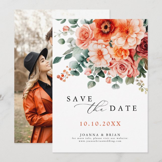 Save The Date Verona Sunset Bright Orange Moderne Mariage Floral (Devant / Derrière)