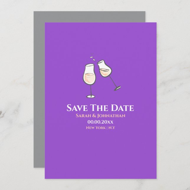 Save The Date Verres à champagne simples toast violet uni (Devant / Derrière)
