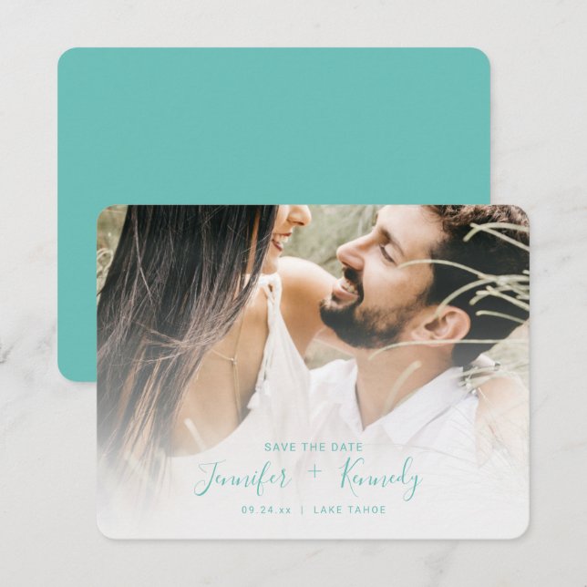 Save The Date Verrière blanc minimaliste Aqua Script & Photo (Devant / Derrière)