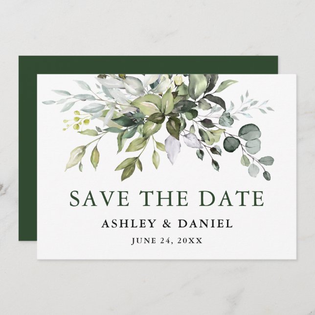 Save The Date Vert aquarelle moderne (Devant / Derrière)