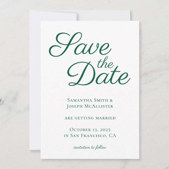 Save The Date Vert Chasseur Élégante Calligraphie Blanche (Devant)