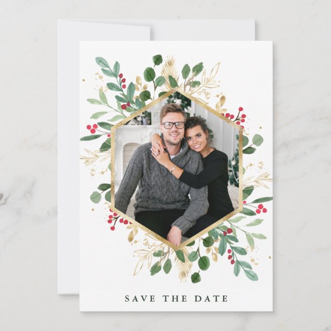Save The Date Vert doré sur blanc | Vacances photos géométriques (Devant)