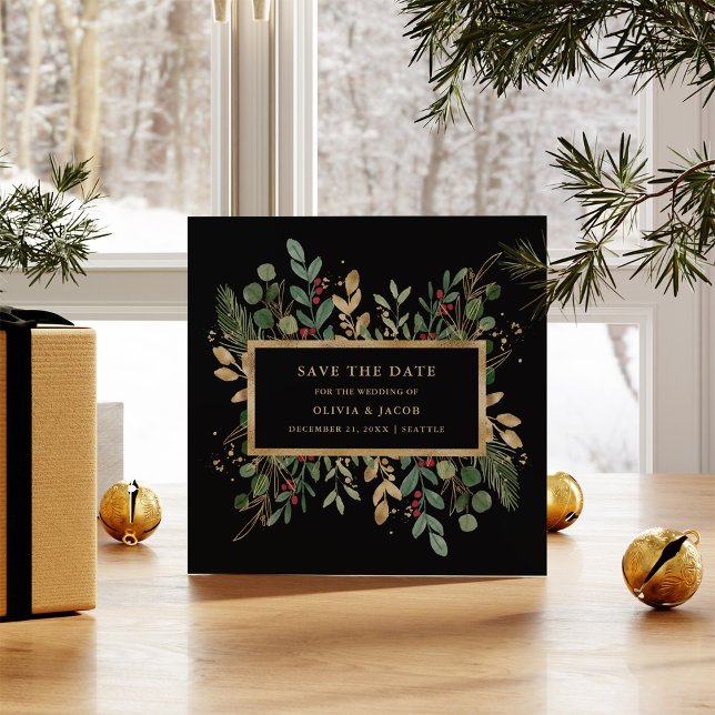 Save The Date Vert doré sur noir | Noël (A festive and elegant save the date card, with your photo on the back)