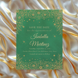 Save The Date Vert Émeraude Fleurs Dorées Étoiles Quinceañera
