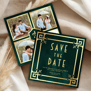 Save The Date Vert émeraude or Art déco Photomontage Mariage