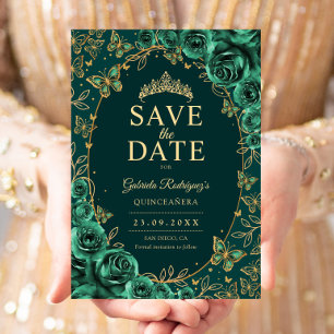 Save The Date Vert émeraude or floral Quinceanera