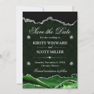Save The Date Vert et argent Paillettes Marbre Agate Enregistrez
