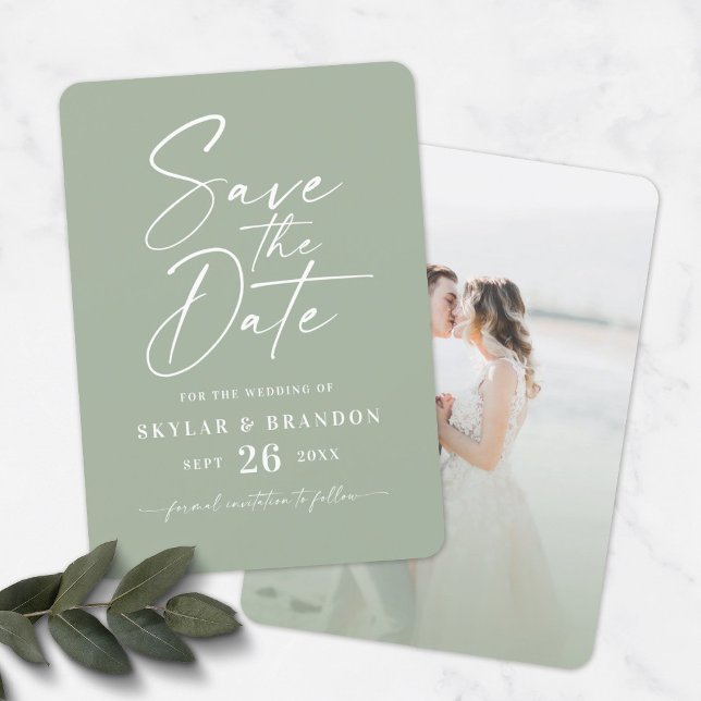 Save The Date Vert feuille simple avec script et Mariage photo (Créateur téléchargé)