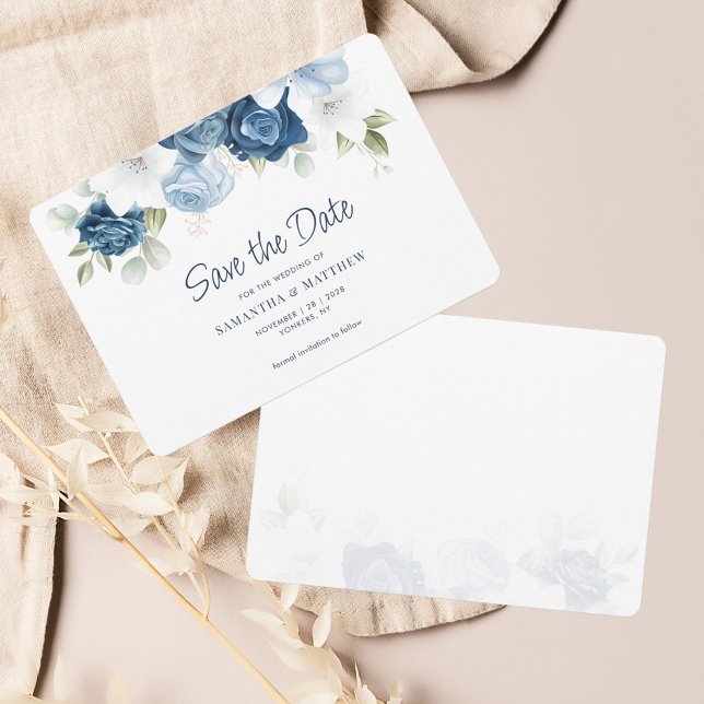 Save The Date Vert floral Aquarelle bleu Dusty (Dusty Blue Floral Wedding Save the Date Announcement)