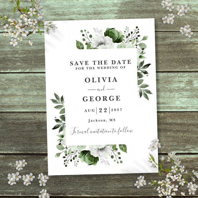 Save The Date Vert olive Aquarelle moderne Mariage Floral (Olive Green Modern Watercolor Floral Wedding Save The Date)