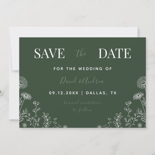 Save The Date Vert sage | Fleur sauvage Drake Nature Feuilles Au (Devant)
