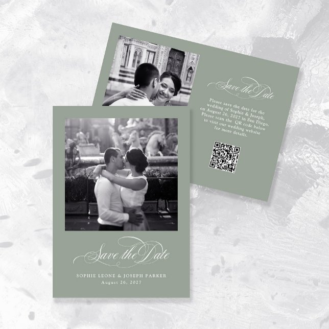 Save The Date Vert sage | Italien Elegance Two Photo QR Code (Créateur téléchargé)