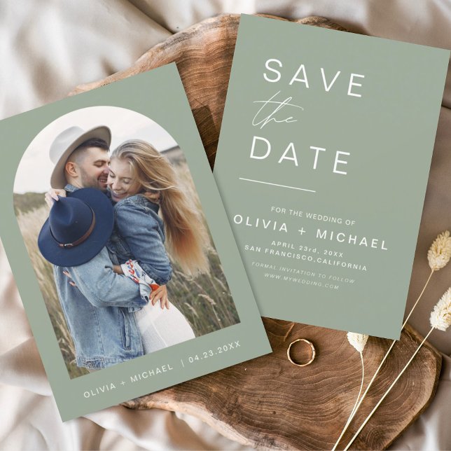 Save The Date Vert sauge Boho Enregistrer la date Photo Minimali (Créateur téléchargé)