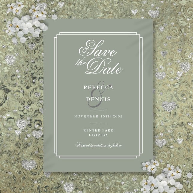 Save The Date Vert sauge Chic Élégant Écriture Art déco Mariage (Sage Green Chic Elegant Script Art Deco Wedding Save The Date)