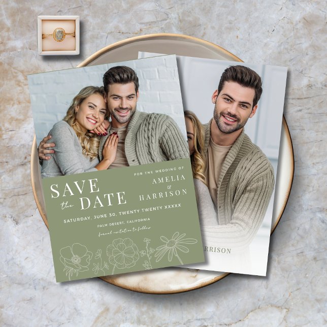 Save The Date Vert sauge Élégant Floral Deux Photos Mariage (Sage Green Elegant Floral Two Photo Wedding Save the Date with Line Art Flowers.)