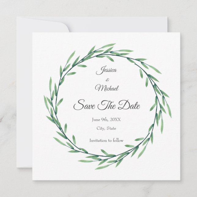 Save The Date Verte Feuille d'aquarelle (Devant)