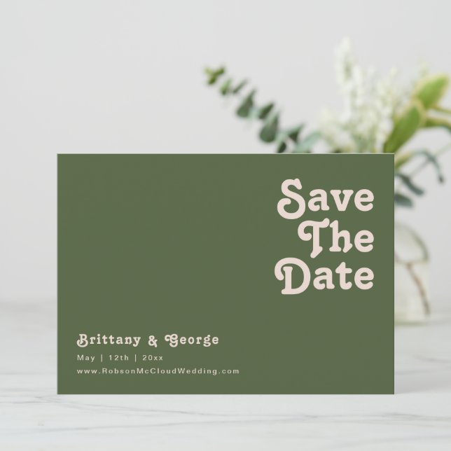 Save The Date Vibes rétro simples | Vert olive horizontal (Debout devant)