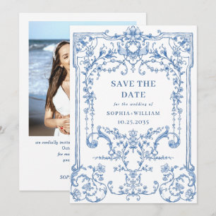 Save The Date Victorian Ornate Grace Floral Blue Mariage Photo