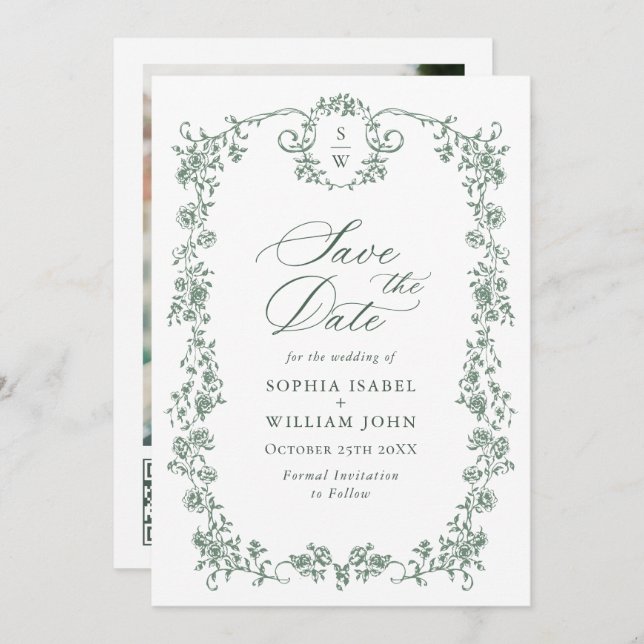 Save The Date Victorian Ornate Grace QR code Mariage Photo (Devant / Derrière)