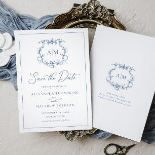 Save The Date Victorien Baroque Floral Crest Blue Mariage
